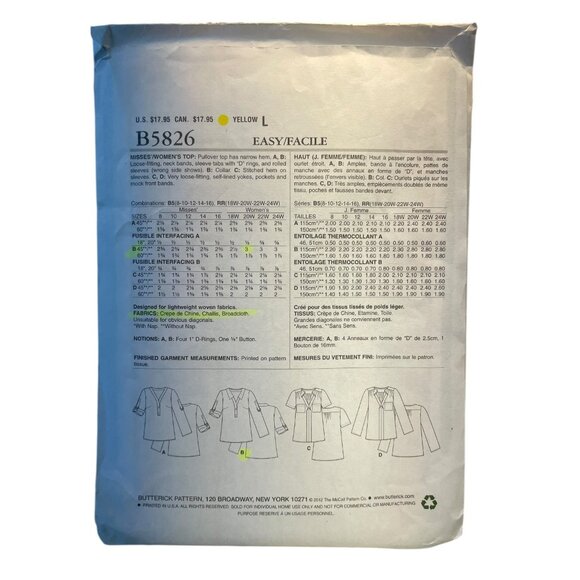 Butterick B5826 Misses' Pullover Top Sewing Pattern Size 8-16 - Picture 2 of 2